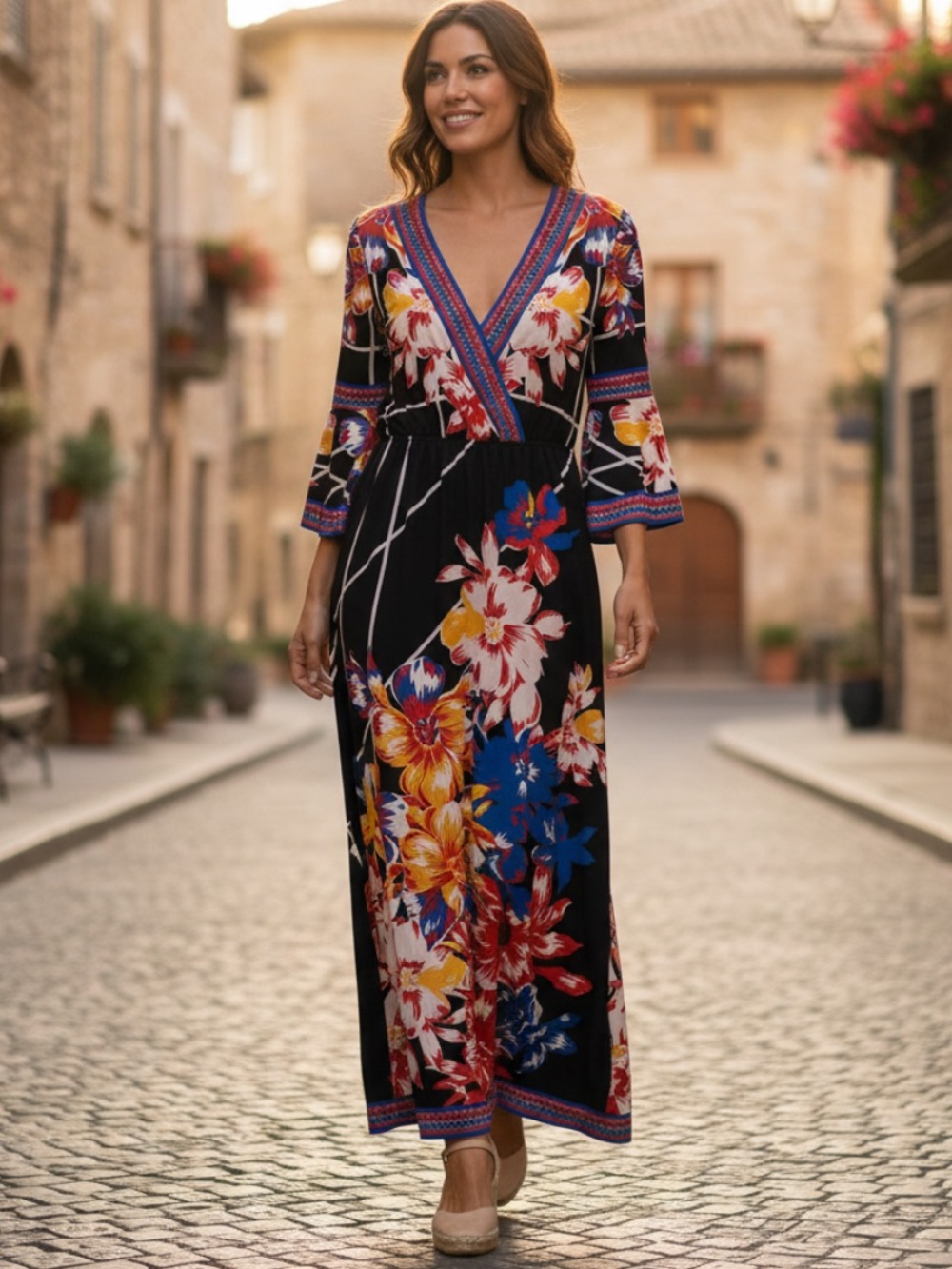 Flying Tomato by Anthropologie Black Maxi Dress with Red, Yellow & Blue Floral